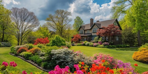 Wall Mural - Luxurious countryside estate with manicured lawn and modern architectural design.