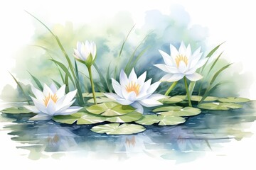 Wall Mural - Set of water color of a lily, with pure white petals, floating on a serene pond, in a mystical forest, Clipart isolated on white