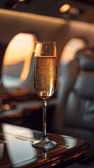 Canvas Print - An exclusive editorial photo of a champagne glasses focused on a private jet,