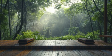 Poster - Relaxing spot on a forest deck, landscape view with serene forest, minimalist design.