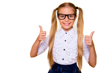 Poster - Excellent perfect nice agree choose choice concept. Close up studio photo portrait of pretty cute sweet with beaming smile in white elegant formal wear girl making giving thumbup isolated background