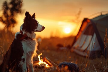 Wall Mural - Border Collie Watching the Sunset: A Border Collie sitting attentively and watching the sunset, with a campfire, tent