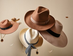 falling hats, earrings and chains on a beige background