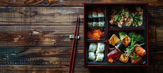 Wall Mural - Chopsticks with a Bento Box: A copy space image featuring chopsticks placed on a wooden table next to an open bento box
