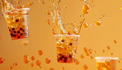 Poster - clear cans of boba tea floating in air, studio photograph, dynamic promotional