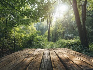 Wall Mural - Wooden deck in a forest, landscape view with sunlight filtering through trees, minimalistic style