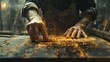 © Pual GotoMars - A carpenter sanding a wooden plank, close up, woodworking craftsmanship theme, realistic, double exposure, workshop backdrop