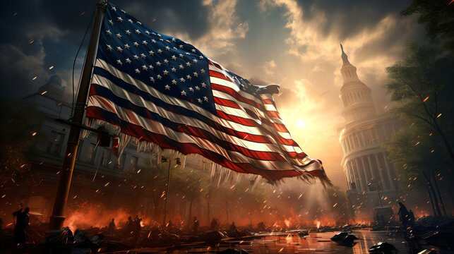 An American flag waves in a dramatic sunset over a scene of turmoil and destruction with the U.S. Capitol building in the background.