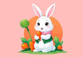 Wall Mural - a white bunny holding a carrot and a lollipop