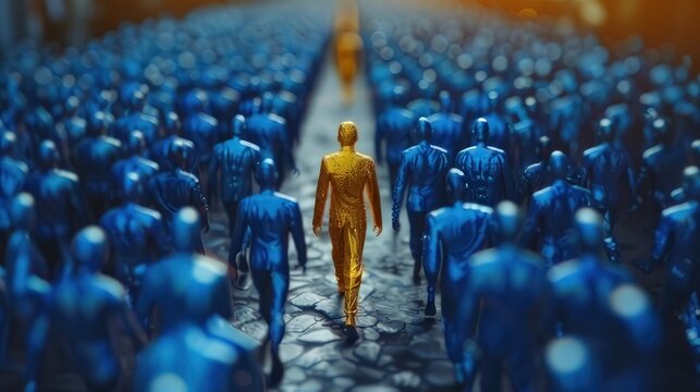 The leader of the business team guides the movement toward the goal, with a crowd of blue figures following the gold-colored leader in a 3D rendering
