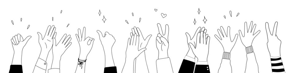 Doodle sketch hands up gestures comic icons silhouettes vector set. Group of line art fun comic hands in the air. Voting or happy congratulation audience recognition symbols.