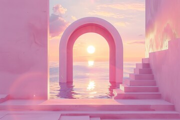 Wall Mural - A pink archway leads to a pool of water