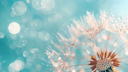Wall Mural - Dandelion Seeds in droplets of water on blue and turquoise beautiful background with soft focus in nature macro. Drops of dew sparkle on dandelion in rays of light.