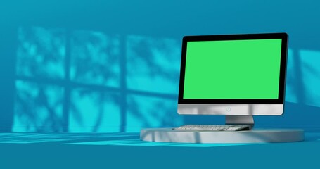 Poster - 4k Resolution Video:  Modern Desktop Computer with Green Screen in Blue Room with Sun Shadows