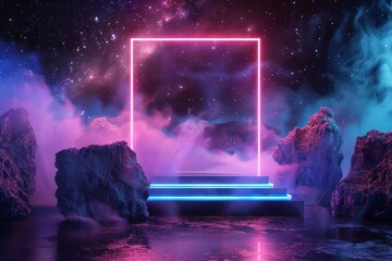 Wall Mural - A neon lighted square in the middle of a dark background with a purple