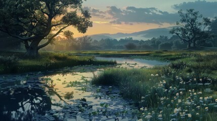 Wall Mural - Peaceful Meadow at Sunset with Lily Pond