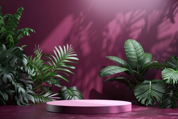 Wall Mural - A pink pedestal with a green background and plants