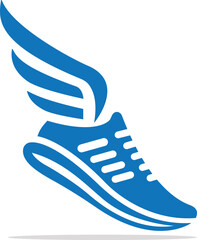 a blue shoe with wing logo