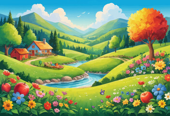 Wall Mural - a painting of a rural landscape with a river and a house