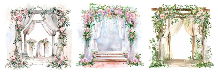 Set of watercolor wedding arches on an isolated background. Wooden wedding arches decorated with flowers and fabric. Wedding attributes. Vector illustration.