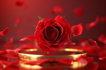 Canvas Print - A red rose is floating above a gold ring