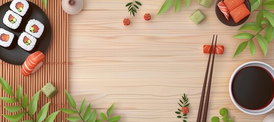 Canvas Print - Japanese Cuisine: A top-down view of a background with Japanese food featuring sushi rolls, sashimi