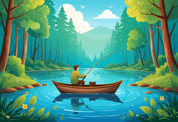 Wall Mural - a man fishing in a boat on a river