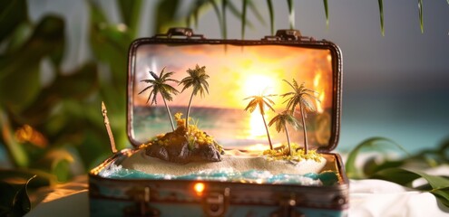 A Whimsical Travel Concept with a Serene Tropical Beach Emanating from an Open Suitcase, Generative AI