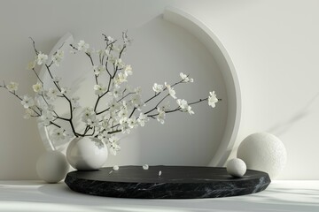 Wall Mural - A white vase with white flowers sits on a black stone base