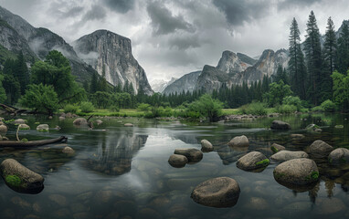Wall Mural - Photograph of El Capitan and Yosemite Valley in California with a river flowing through it. Created with Ai
