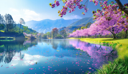Wall Mural - A beautiful lake surrounded by cherry blossom trees, vibrant purple and pink blossoms reflecting in the clear water, lush green grass on both sides of the river. Created with Ai