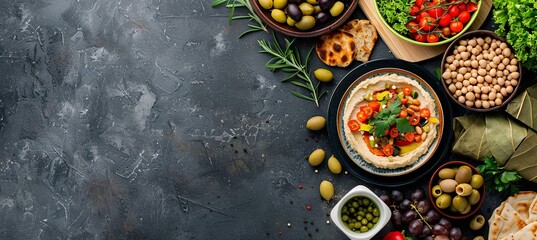 Wall Mural - Mediterranean Delights: A top-down view of a background with Mediterranean food featuring hummus, falafel, tabbouleh, pita bread