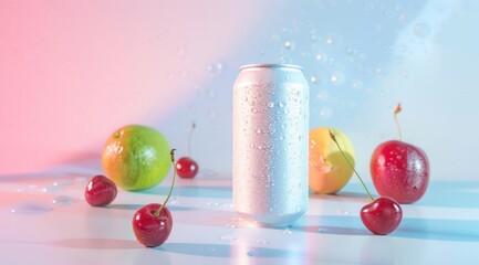 can mockup, beverage mock up with fruits background, soda can mockup, Plain white colour 355ml can, floating beverage can mockup with colorful background with ice cubes fruits