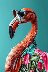 Head shot, close up portrait of a pink flamingo wearing a flowered summer cloth and sunglasses on turquoise background.