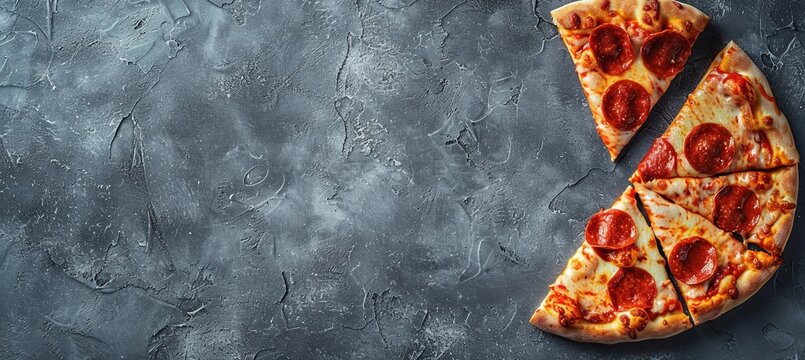 Pepperoni Pizza: A gray background showcases a top-down view of a pepperoni pizza split in half, featuring crispy pepperoni slices, melted cheese