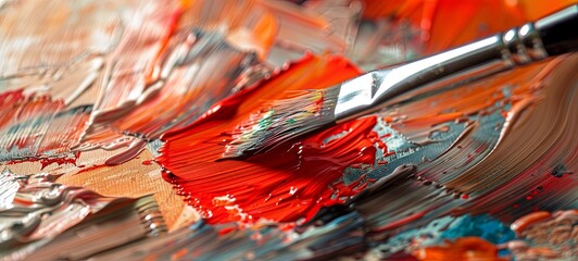 Poster - Close-up of an artist's painting with a brush and red oil on canvas