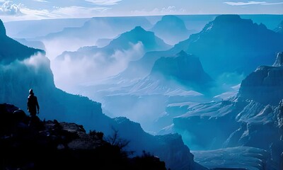 Canvas Print - A hiker silhouetted against the Grand Canyon on the South Kaibab Trail in the morning 4K Video