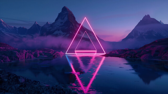  large triangle glowing with RED light hovering above the ground, mountains in the background