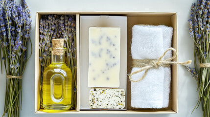 Wall Mural - A set of handmade lavender skin care products in a box. Purple soap, oil in a bottle and a towel. There are bouquets of lavender nearby. Top view on a white background.