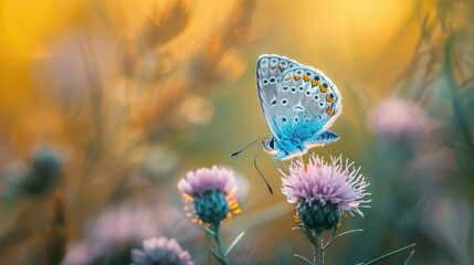 Male Adonis Blue Butterfly, Blue Argus butterfly (Polyommatus icarus) on a flower with a blurred background AI generated