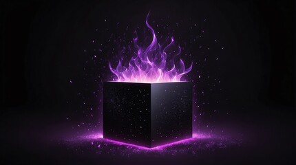 Wall Mural - abstract square box of purple glowing light particles with fire flame on plain black background