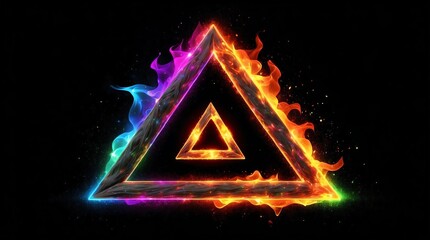 Wall Mural - abstract triangle of rainbow glowing light particles with fire flame on plain black background