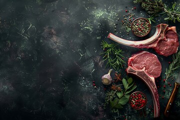 Wall Mural - Two Raw Tomahawk Steaks with Herbs and Spices: A banner highlighting two raw tomahawk steaks, with a bone handle