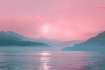 Poster - vibrant, real life scenario, minimalist nature background, monochromatic sea, surreal clouds, pink sunset over the lake, minimalist moon, hazy mountains