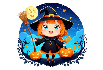 Wall Mural - a little girl dressed as a witch holding a broom