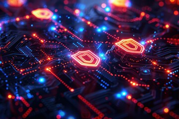 a computer chip with a red shield on it