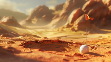 Wall Mural - A golf ball in a sand trap, with the flag in the distance, capturing the challenge and frustration of a difficult shot.