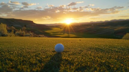 Wall Mural - A golf ball on a tee at sunset, with the fairway stretching into the distance, capturing the anticipation and focus required before a tee shot in the golden hour.