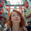 © PaputekWallArt - Young woman exploring busy streets of Tokyo on a breezy autumn day. Generative AI