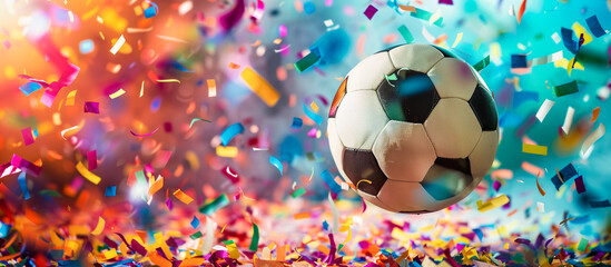 Wall Mural - Soccer ball and colorful confetti explosion concept banner background